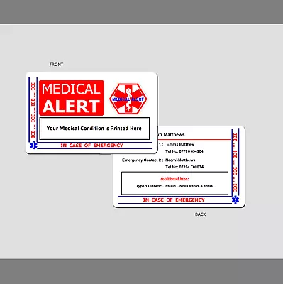 ICE In Case Of Emergency - Medical Alert ID Card All Conditions . Custom Printed • £3.99