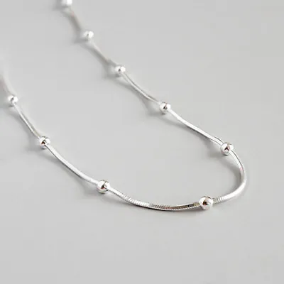 Woman Real S925 Sterling Silver Station Bead Ball Necklace Snake Chain  • $23.50