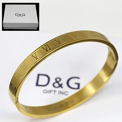 DG Men's Stainless Steel 7  DesignRoman-NumeralBangle Bracelet Gold Plated BOX • $15.99