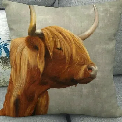 Highland Cow Linen Cushion 45x45cm Choose Cover Only Or Filled Cushion Animals • £13.99