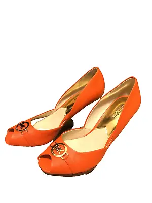 MK Michael Kors Gold Charm Orange Leather Peep Toe Wedge Heel Shoes Women Size 9 • $28