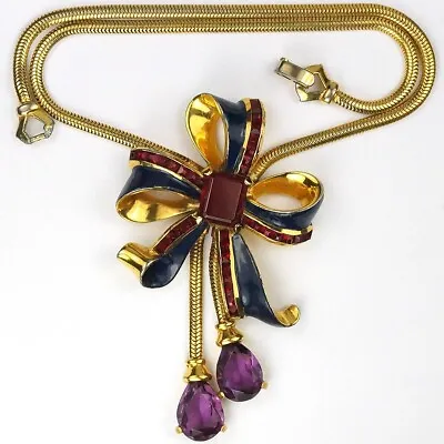 Mazer Bros Gold Blue Enamel Invisibly Set Rubies Bow Pendant Amethysts Necklace • $875