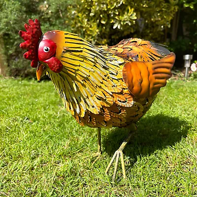 Feeding Hen Garden Ornament Metal Farmyard Chicken Sculpture Outdoor Bird Figure • £38.99