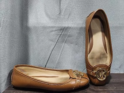 Michael Kors Shoes Slip On Flats Ballet Brown Leather Gold Logo Womens Sz 7.5M • $10.99