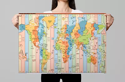 Laminated World Map With Time Zones Print Poster Atlas Wall Chart A1 A2 A3 • £9.99