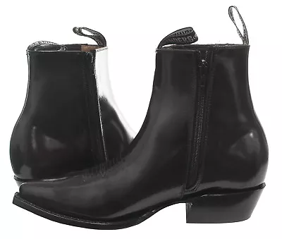 Grinders Austin Men Black Real Leather Ankle Zip Block Heel Western Cowboy Boots • £83.99