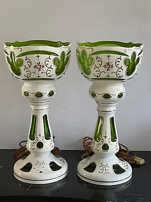 Vintage Pair Of Large Czech Bohemian White Cut To Green Glass Mantle Lusters • $450