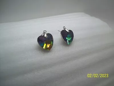 $9.99 • Buy Vintage Heart Earrings Watermelon Ravioli Crystal Rainbow Colors Dangle Hook