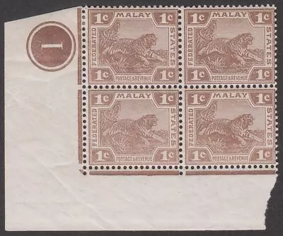 Federated Malay States 1919 KEVII Tiger 1c Plate 1 Block Of Four Mint SG30 • $1.87