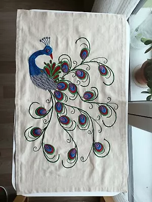 Table Runner Embroidered Cream Handmade Peacock Bird Table Cover 34 X 21  • $49