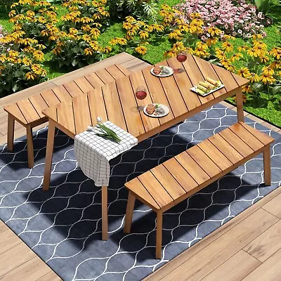 3 Pieces Acacia Wood Table Bench Dining Set For Outdoor & Indoor Furniture • $349.99