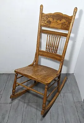 Antique Victorian Pressed Back Carved Oak Wood Rocking Chair Spindles Rocker USA • $292.50
