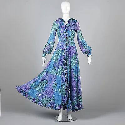 Small 1970s La Mendola Flowy Silk Maxi Dress Formal Evening Gown Signature Print • $594