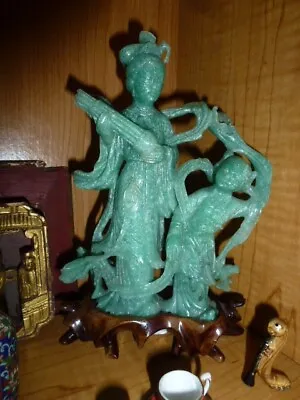 Chinese Antique Quality Jade Carved Statue Figure Of Quan Yin Goddess Wood Stand • $895