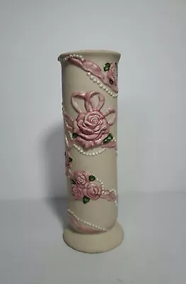 Bud Vase Cream Off White With Pink Roses Made In Philippines  FTD Vintage 6.5  • $7.30