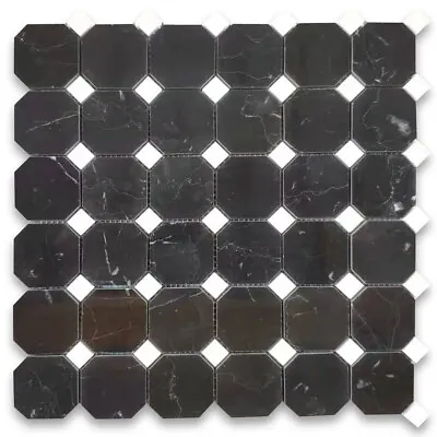 N805XP Nero Marquina Black Marble 2  Octagon Mosaic Tile Thassos White Polish • $15.99