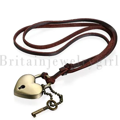 Mens Ladies Heart Locket Keys Pendant Adjustable Brown Leather Cord Necklace • $8.99