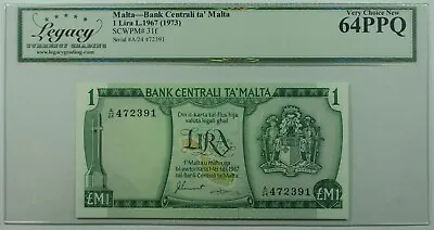 L.1967(1973) Malta 1 Lira/1 Pound Note SCWPM# 31f  Legacy Very Ch New 64 PPQ  • $84.95
