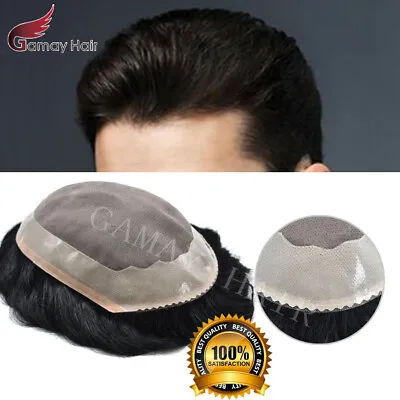 Mens Toupee Fine Mono PU Around Durable Hairpieces Human Remy Black Wigs ALI1 • $189