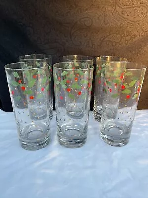 Vintage Anchor Hocking Glasses Holly Berry W/gold Confetti Set Of 6 • $37.77