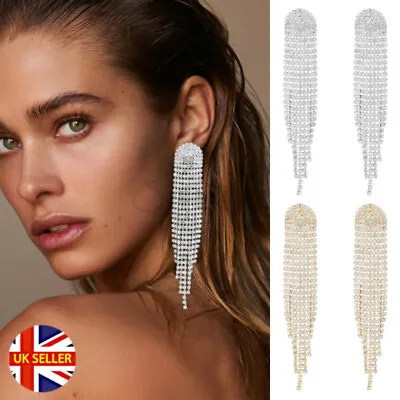 Women Silver Gold Long Tassel Chandelier Rhinestone Dangle Drop Stud Earrings • £4.99