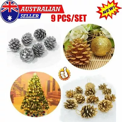 9Pcs Christmas Gold/Silver Pine Cones Baubles Xmas Tree Decoration Ornament #T • $9.87