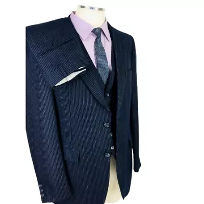 40L Richman USA Mens 1982 Vintage 3 Piece Suit Dark Navy Pinstripe Pants 36 • $119.95