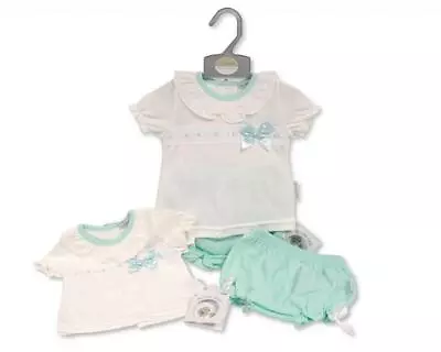 Baby Girls Top & Pants Set Summer ~ Frilly Bows & Lace Ribbon ~ Mint ~ NB-6M Abg • £13.95