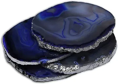 Blue Agate Coasters For Drinks - Set Of 4 - Modern Silver Edge Stone Geode • $29.95