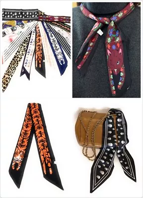 £3.99 • Buy 90cm Long Reversible Skinny Scarf Faux Silk Head Scarves Bag Charm Bow Bandana