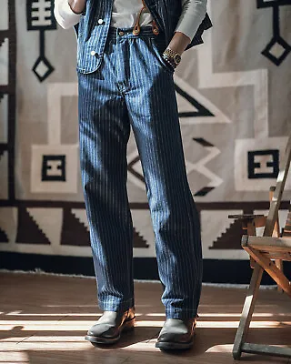 Non Stock 1920s Waist Overall Wabash Stripe Jeans Retro Men's Work Pants Indigo • $59.21