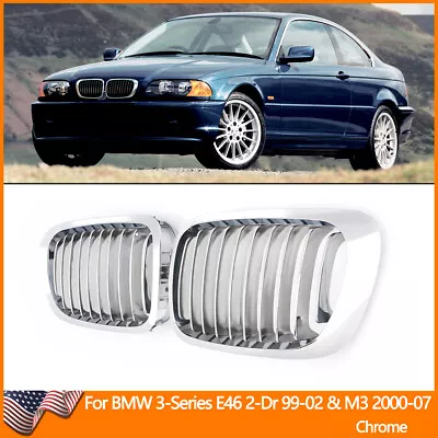 Front Kidney Grille Hood Grills Chrome For BMW E46 2Dr 1999-02 & M3 2DR 2000-07 • $32.96