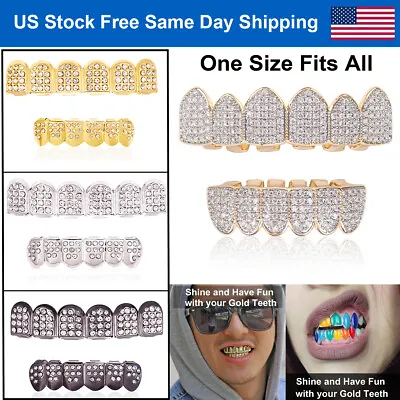 18K Gold/Silver/Black Plated Hip Hop Teeth Grillz Top Bottom Mouth Diamond Grill • $12.86