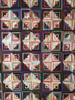 King Size Antique Log Cabin Silk Quilt Top • $1200