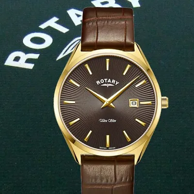 Rotary GS08013/49 Ultra Slim RRP £179 Gents Brown Leather Strap Watch 2Yr Guar • £109.50