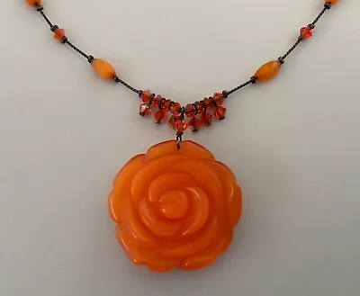 Dabby Reid Brilliant Carved Orange Flower Necklace W Swarovski Crystal Beads 18” • $35.50