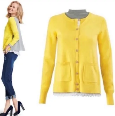 Cabi Belle Cardigan #3010 Yellow White Lace Trim Sweater Size M 8 10 Preppy • $19.99