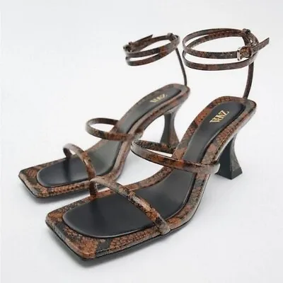 $80 • Buy Zara Snake Print Double Strap Leather Sandals NWT Sz. 6.5