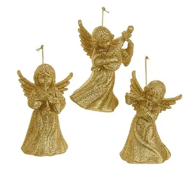 KURT ADLER SET OF 3 GOLD GLITTERED ANGEL W/MUSICAL INSTRUMENT XMAS ORNAMENTS • $22.88