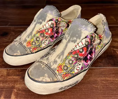 Ed Hardy Slip On Cotton Skull Laceless Tennis Canvas Shoes Womens Size 8 Euro 39 • $34.99