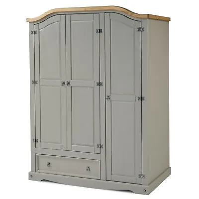 Corona Wardrobe 3 Door 1 Drawer Grey Wax Mexican Solid Pine By Mercers Furniture • £339.99