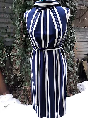 60s 70s L' Aiglon Navy White Striped Summer Sleeveless Classic Retro Dress Sz 1 • $69.50