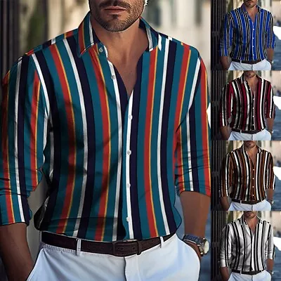 Stylish Button Down Shirt For Men's Casual Party T Dress Up With Stripe Pattern • £12