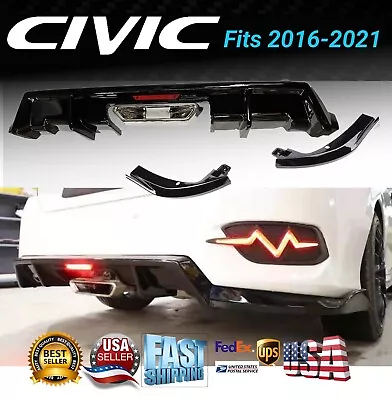 For 2016-21 Honda Civic Sedan Rear Bumper Spoiler Diffuser LED Exhaust Corners • $239.99