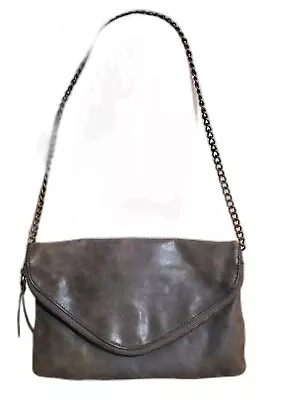 J Crew Distressed Gray Leather Antiqued Brass Chain Strap Envelope Style Handbag • $18