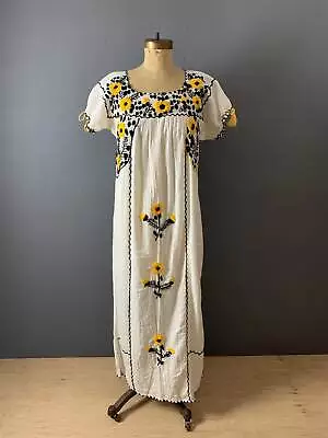 Vintage Yellow Flowers Mexican Embroidered Dress • $75