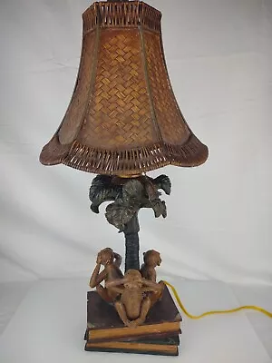 23.5  Tall Wise Monkeys Hear See Speak No Evil. Table Lamp W/ Palm Tree Shade  • $153.99