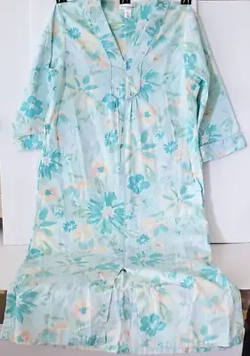 Miss Elaine Small Blue Yellow Floral Full Front Zip Robe Cotton Long Pockets • $12.99
