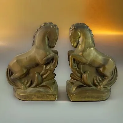 Vintage Trojan Horse Rearing  Chalkware Gold Bronze Bookends 7” Pair Set Of 2 • $69.99