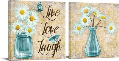 £36.47 • Buy 2 Pieces Live Laugh Love Wall Art Daisy Floral In Teal Bottle Vase Inspirational